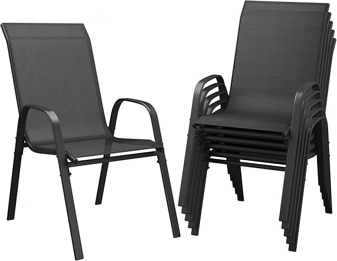 DIFY Patio Chairs Set of 6, Stackable Outdoor Dining Chairs Set with Breathable Textilene High Back and All-Weather Metal Frame for Garden, Backyard, Deck, Dark Grey