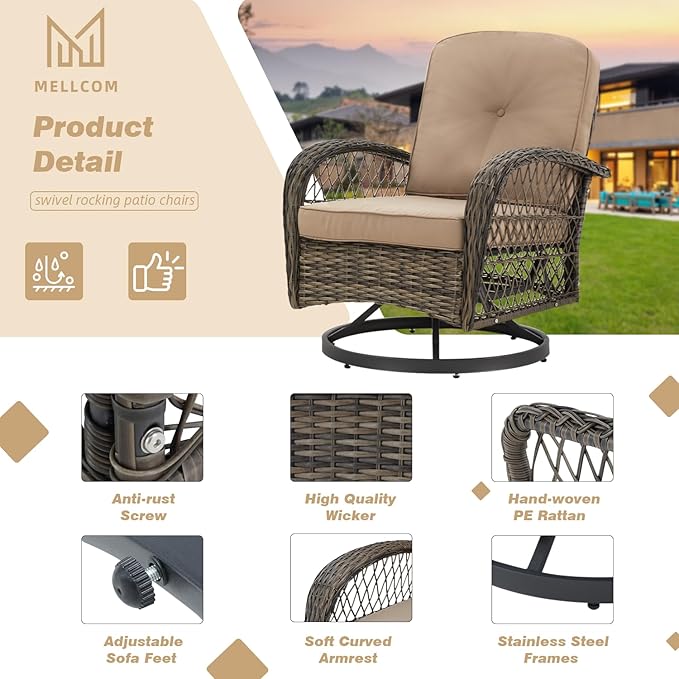 MELLCOM 3 Pieces Patio Furniture Set, Outdoor Swivel Rocker Patio Chairs, Wicker Patio Bistro Set with Rocking Chair, Thickened Cushions and Glass Coffee Table for Backyard, Garden, Khaki