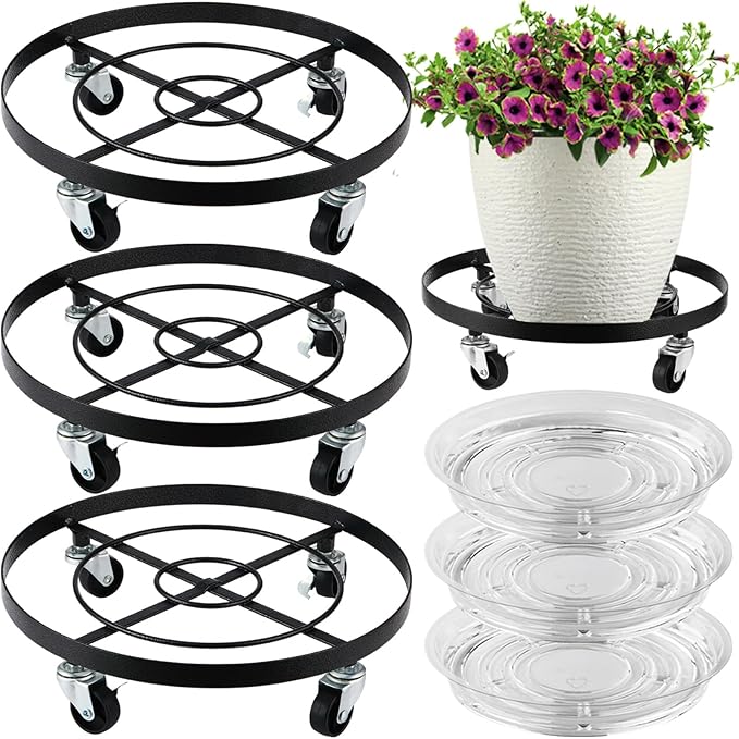 3 Packs Large Metal Plant Caddy 12.6” Plant Dolly with Wheels Heavy-duty Wrought Iron Rolling Wheeled Plant Stand with Casters for Indoor and Outdoor Plant Pot Rollers, 12" Clear Plant Saucers Included