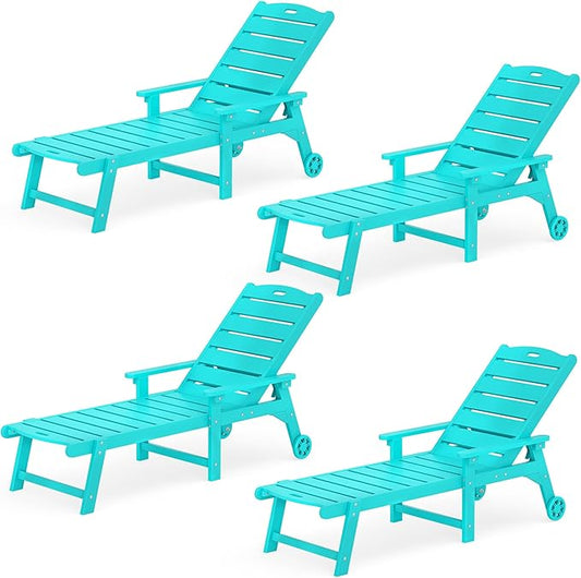 LUE BONA Outdoor Chaise Lounge Chairs Set of 4, 79'' Oversized HDPS Chaise Lounger, 5 Positions Adjustable Lounge Chairs, Pool Lounge Chair with Wheels for Poolside, 3 Year Warranty, Aruba Blue