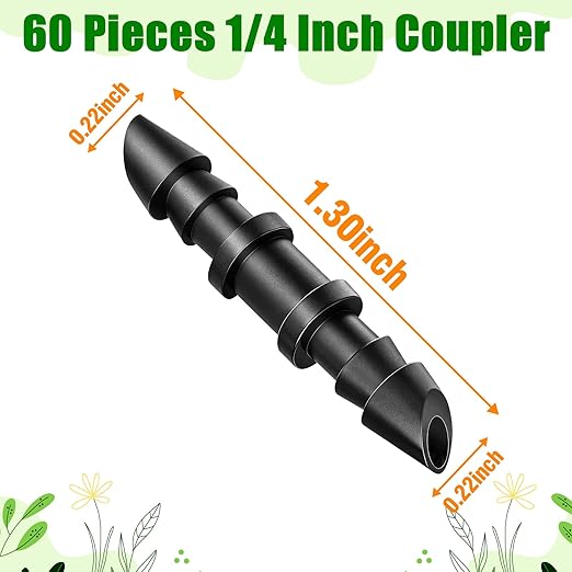 60 Pack Drip Irrigation 1/4" Barbed Coupling Fittings, Drip Line Barbed Coupler Connectors for 1/4 Inch Irrigation Tubing Micro Irrigation Connection Parts for Garden Sprinkler Systems