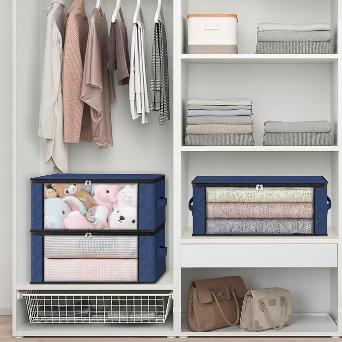 HomeHacks 4-Pack Clothes Organizer Storage Bags, 35L Storage Bins, Blue