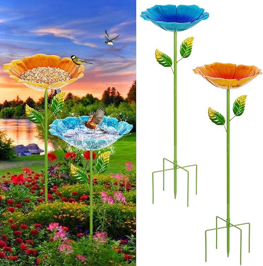 2 Pack Bird Baths for Outdoors, Colorful Metal Bird Bath for Outside, Hummingbird Bath with Five Stakes, Garden Flower Small Birdbath for Garden Decor, 31.3" H x 10.63" Dia (Blue,Yellow)