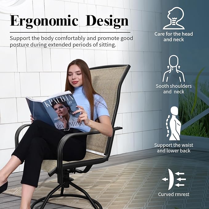 SHGJ&SOFT Patio Swivel Chairs, Waterproof Outdoor Dining Chairs with All-Weather Textilene Mesh for Deck, Garden, and Backyard (Plain Backrest-Brown, Set of 2)