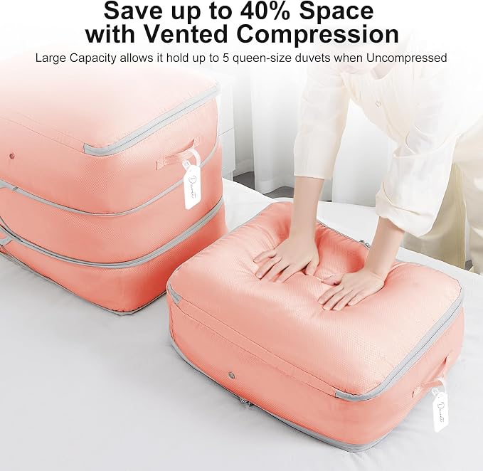 Comforter Storage Bag - Large Capacity Blanket Storage Bags 3-Layer Ultra Space Saving Self Compression Organizer, Washable Compression Bags for Storage Comforter Blanket, 4-Pack, Pink