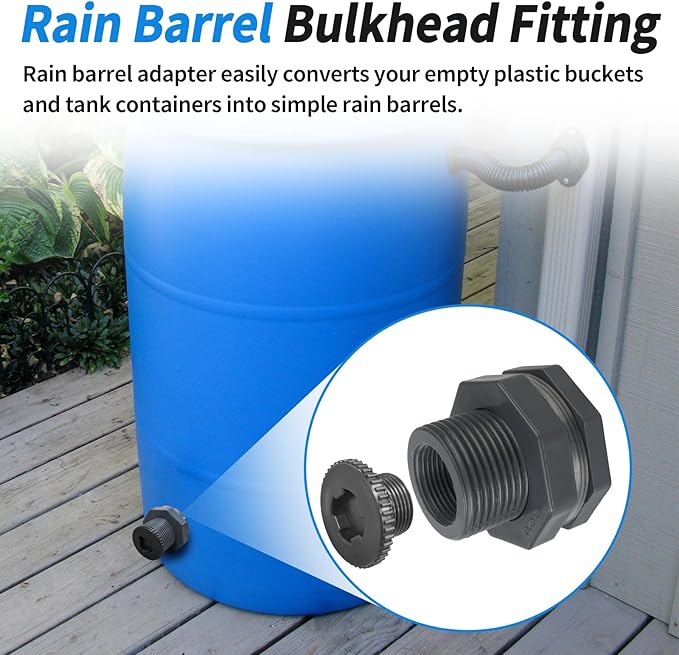 Rain Barrel Spigot Connector fit for Water Barrel 3/4" Bulkhead Fitting, 4 PCS Rain Garden Water Tank Hose Adapter Kit with Rain Barrel Overflow Spigot Plug and Hole Saw Tool (25mm ID Bulkhead)