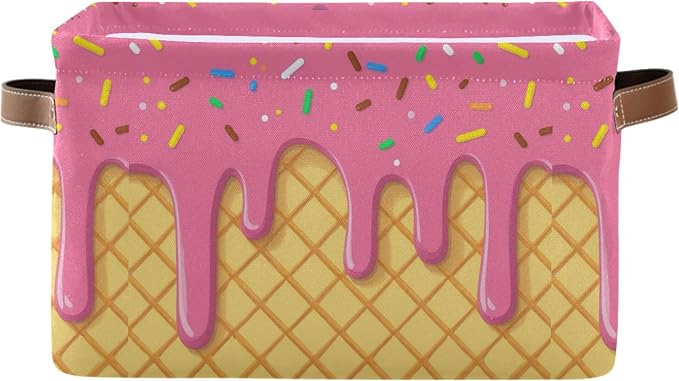 Ice Cream Drip Baseball Storage Basket with Waterproof Liner and PU Handles Pink Strawberry Donut Storage Bins Boxes 14.2" Collapsible Decorative Organizer Baskets for Bedroom Closet Office 2 Pack