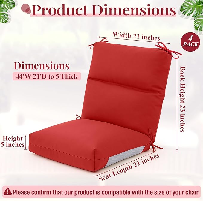 Geelin 4 Pack Outdoor/Indoor High-Back Chair Cushions 44×21 in, Stuffed Tufted Replacement Patio Chair Cushions with Ties Weather Resistant Pads for Patio Furniture (Red)