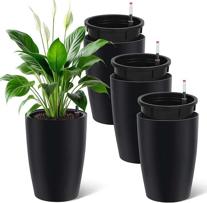 16" Tall Round Planter Set of 4, Self Watering Pots, Large Planter for Indoor Outdoor Plants, Built-in Drainage and a Water Level Monitor, for Patio, Porch, Living Room, or Home Office, Black
