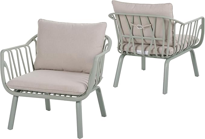 Christopher Knight Home Set of 2 Huron Indoor/Outdoor Polypropylene and Iron Frame Club Chairs,Patio Conversation Seating/Armchair for Garden, Backyard, Poolside,Removable Cushions, Light Green+Beige