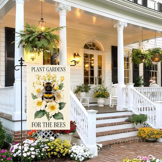 Plant Gardens for the Bees Garden Flag, 12 x 18 Inch Double Sided Bumblebee Floral Outdoor Yard Decor, Meaningful Eco Friendly Gifts for Beekeeper Pollinator Advocates Gardening Enthusiast