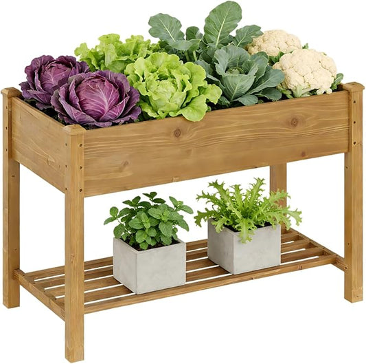 Raised Garden Bed with Legs Wood Elevated Planter Box Gardening Outdoor Planter Box Patio Kit Planting Bed for Vegetables Flowers Herbs Outdoor for Patio Balcony Backyard 48x24x30.7in (Brown, M)