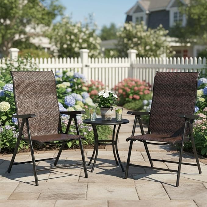 Tangkula Foldable Patio Wicker Dining Chairs Set of 2, Portable High Back Outdoor Wicker Chair with 5-Level Adjustable Backrest, No Assembly Reclining Chairs for Porch Deck Garden Balcony