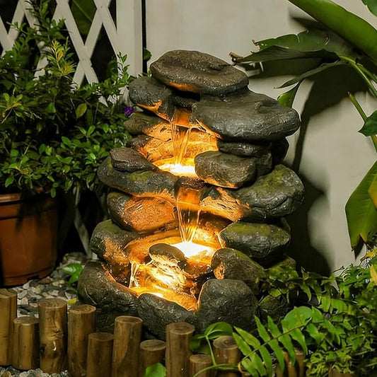 Bumilgar 23.4" H Garden Outdoor Rock Water Fountain with LED Lights, 4-Tier Cascading Waterfall Fountain, Faux Stone Resin Water Feature for Patio, Backyard & Home Decor