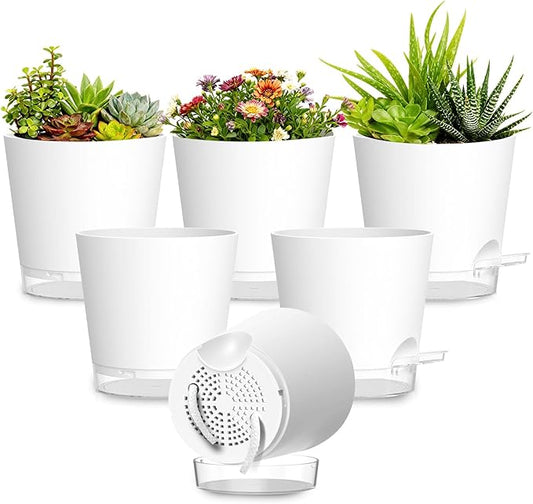 Plant Pots 7 Inch Self Watering Pots, 6 Pack Plastic Planters with Drainage Holes and Clear Saucers,Plastic Flower Pots for Indoor Out Door Plants(White)