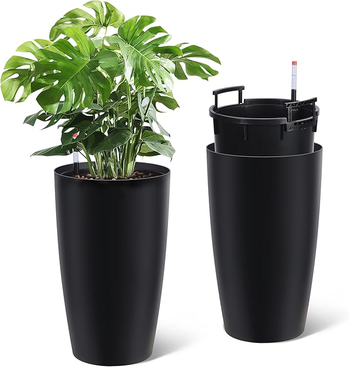 22" Tall Round Planter Set of 2, Self Watering Pots, Large Planter for Indoor Outdoor Plants, Built-in Drainage and a Water Level Monitor, for Patio, Porch, Living Room, or Home Office, Black
