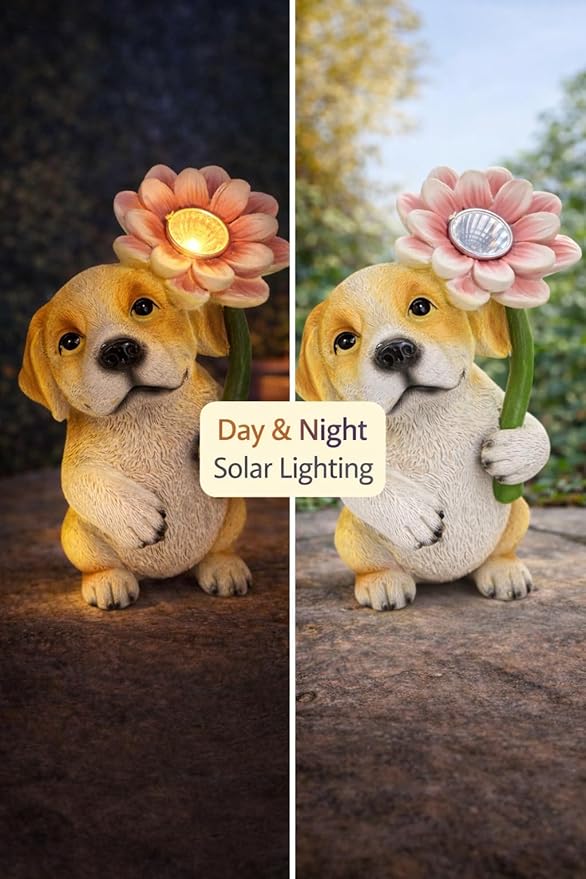 GoGnome Solar Dog Garden Statue with LED Flower – Hand-Painted Resin Puppy Figurine, Solar Powered Outdoor Garden Decor, Auto On/Off Yard Light Gift (Puppy)