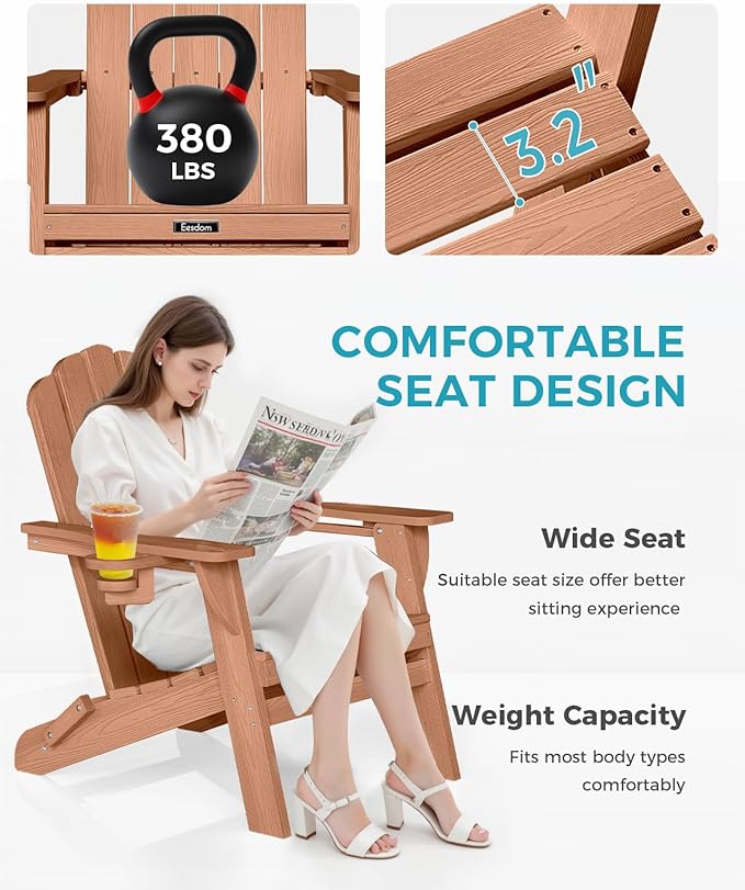 Adirondack Chairs Set of 4, HDPE Material Fire Pit Chairs, Plastic Adirondack Chairs with 2 Cup Holder, Outdoor Lawn Chair for Patio Garden, Teak