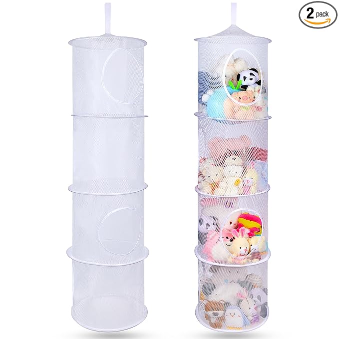 Basumee Hanging Stuffed Animals Storage, 2 Pack Mesh Plush Storage, 4-Tier