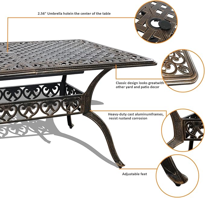 58.66" Bronze Aluminum Hollow Pattern Outdoor Dining Table, Fits 8, With Umbrella Hole