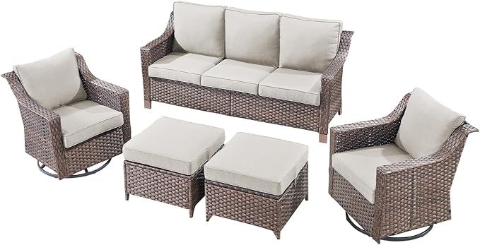 Outdoor Wicker Patio Furniture Set - 5 Piece Outside Rattan Conversation Bistro Dining Chair Sets with Rocking Swivel Chairs, 3-Seat Couch and Ottomans for Porch Yard Balcony – Brown/Beige