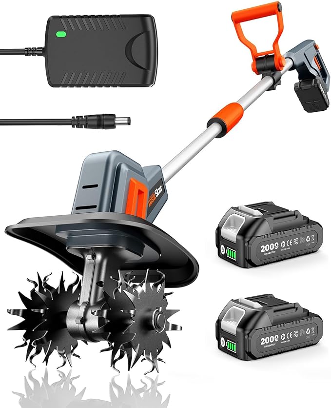 Cordless Tiller Cultivator for Gardening, 360 RPM Electric Garden Rototiller with 48 Steel Tines, 9 Inch Tilling Width & 7 Inch Depth, 21V Battery Powered Small Tiller for Soil/Cultivating/Lawn/Garden