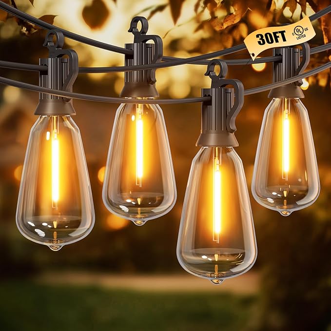 Brightown Outdoor String Lights, 30FT 11+1 LED ST38 LED Patio Lights Shatterproof, Dimmable IP65 Waterproof Connectable Hanging Outdoor Light for Backyard, Porch, Deck, Balcony