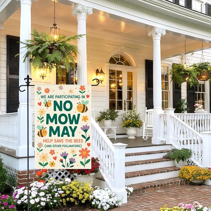 We are Participating in No Mow May Help Save the Bees Garden Flag, 12 x 18 Inch Double Sided Bee Floral Outdoor Yard Decor, Save The Bees Yard Sign for Beekeeper Pollinator Advocate Gardener