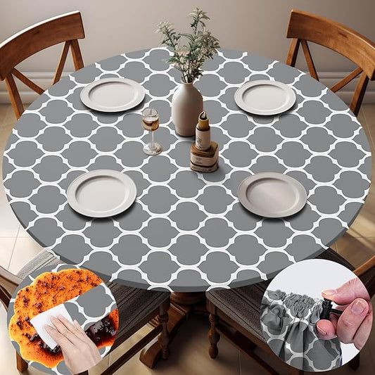 Fitted Round Tablecloth Waterproof Table Cloth Vinyl Indoor Outdoor Circle Cover for 36-44" Tables Dining Kitchen Apartment Home Party Gear Gifts Summer Fall Patio Picnic Camping Essentials