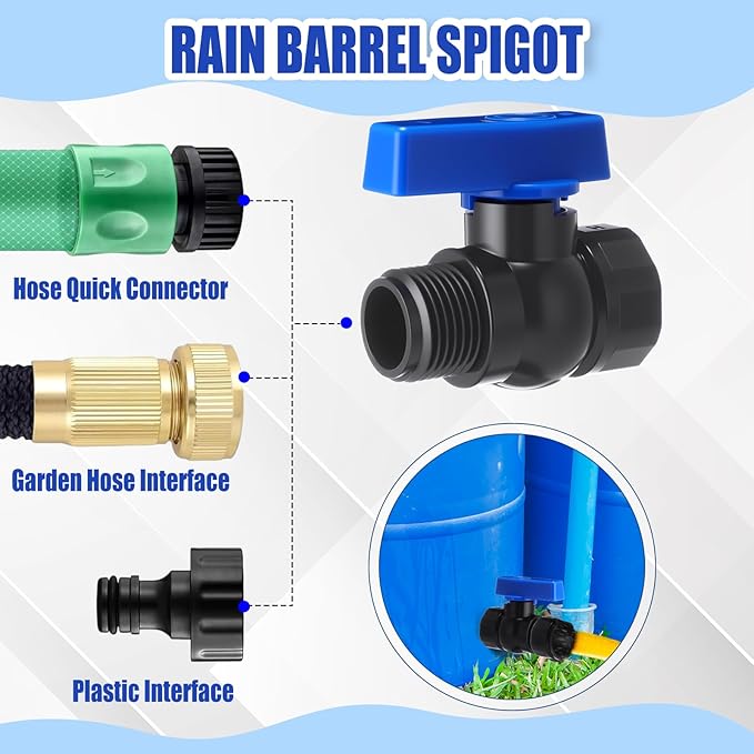 12 Packs Rain Barrel Spigot Kit 3/4" GHT Heavy Duty Plastic Garden Hose Shut Off Ball Valve Water Garden Hose Connector for Rain Barrels Telescopic Water Pipe(PVC Valve)