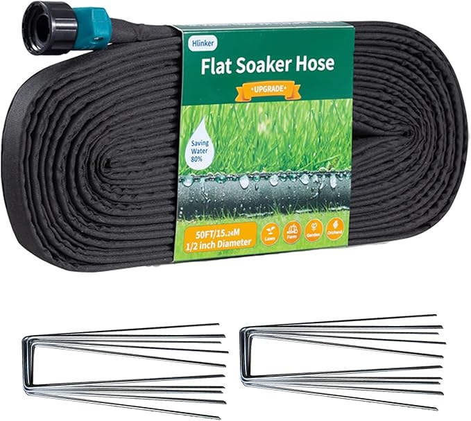 Hlinker 2025 Flat Soaker Hose 50 ft with Stake for Garden, Linkable Drip Hose Diy Automates Garden Irrigation System Saving 83% Water, Dual-layer Leak-free Design Water Hose with Holes