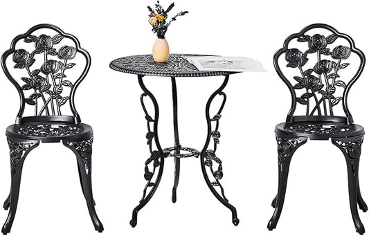 VINGLI 3 PCS Outdoor Bistro Set, Outdoor Patio Set, All-Weather Cast Aluminum Bistro Table Set, Bistro Table and Chairs Set of 2 for Backyard, Garden, Balcony (Black, Rose)