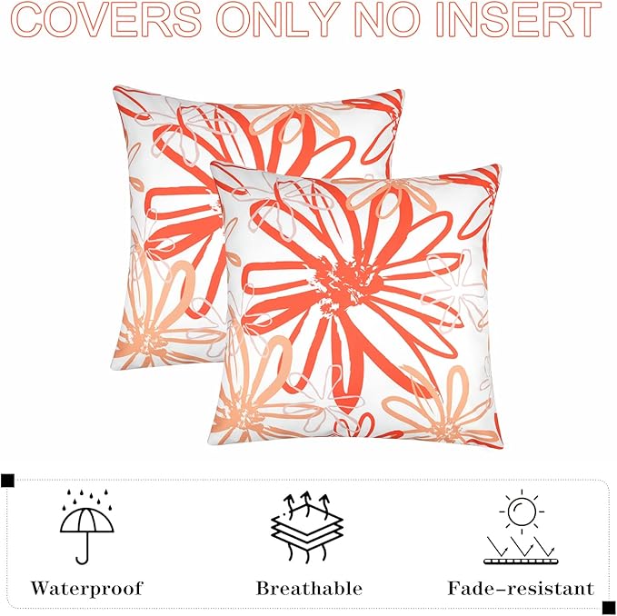 Pyonic Outdoor Waterproof Pillow Covers Pack of 2 Dahlia Water Resistant Decorative Outdoor Pillow Covers 18x18 inch Square Patio Pillows for Funiture Garden,Orange