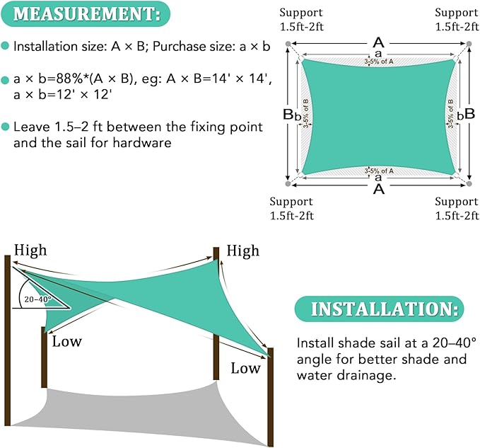 Shade&Beyond Custom PPR810 8'x18' Sun Shade Sail Canopy Rectangle, UV Block Sunshade for Backyard Yard Deck Outdoor Facility and Activities, Turquoise, (We Make Custom Size)