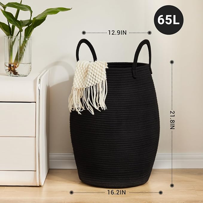 Large Laundry Hamper Basket 65L Woven Blanket Basket, Black