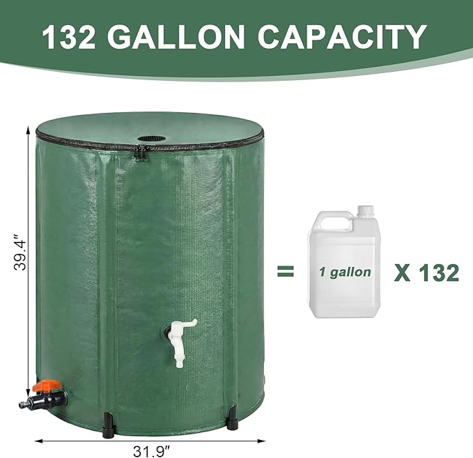 132 Gallon Collapsible Rain Barrel, Foldable Water Storage Tank, 8 Support Rods, ABS Drain Valve & White Faucet, Portable Rainwater Collection System for Garden Irrigation