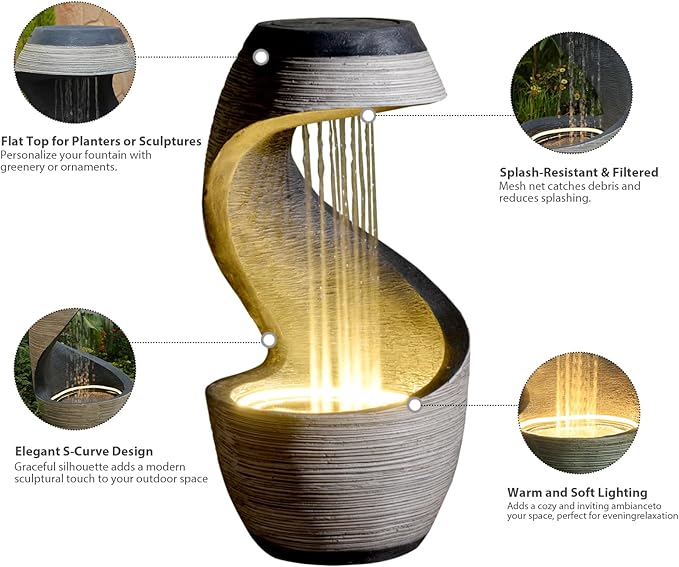Sunlinua 37" Tall S-Shaped Outdoor Waterfall Fountain – Rainfall Water Fountain for Garden, Patio or Backyard Decor, Floor-Standing Resin Garden Fountains Water Feature with Flat Top for Plant Display