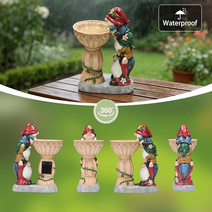 Sheaifun Garden Gnomes Outdoor Gnomes Garden Decorations for Yard Colorful Lights Resin Solar Outdoor Statues with Bird Bath Feeder Outside Lawn Patio Housewarming Gifts 6.25 * 4.25 * 9.25 Inch