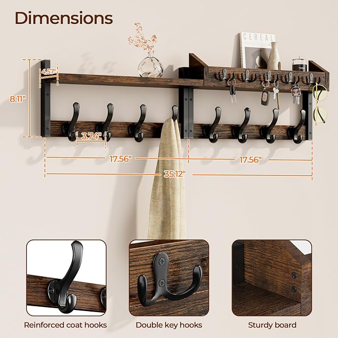 Evermagin 35" Coat Rack Wall Mount with Shelf for Entryway, Rustic Brown