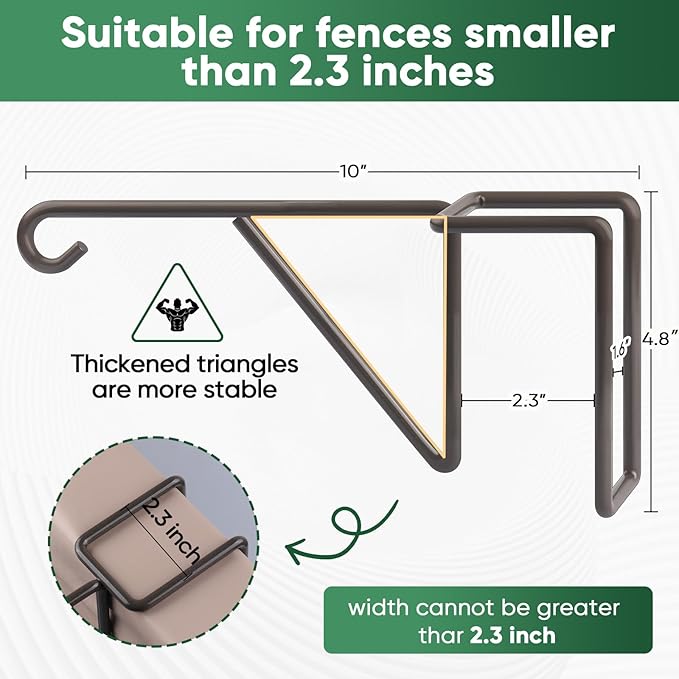 4 Pack Vinyl Fence Hooks, Heavy Duty Durable Brown Fence Plant Hangers for Outdoor, Patio Hooks, Over The Fence Hook for Hanging Plants, Flower Baskets, Bird feeders, Lights, Pool Equipment