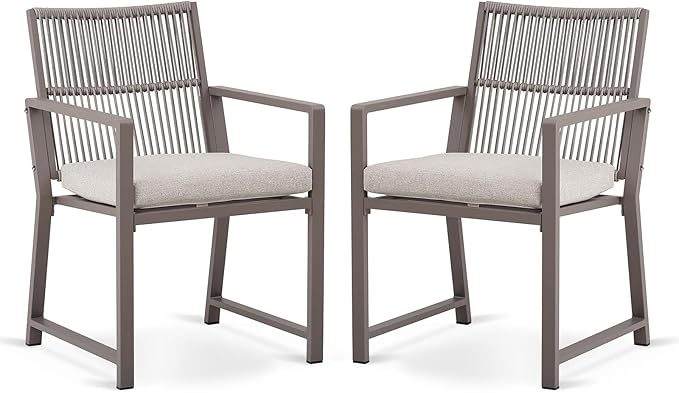 Outdoor Patio Wicker Rattan Dining Chairs, Heavy-Duty Wrought Iron Frame Supports 300lbs, Ergonomic Backrest, Detachable Breathable Cushion, for Garden & Porch, Light Brown, Set of 2