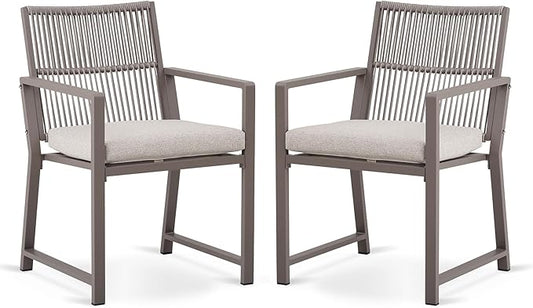 Outdoor Patio Wicker Rattan Dining Chairs, Heavy-Duty Wrought Iron Frame Supports 300lbs, Ergonomic Backrest, Detachable Breathable Cushion, for Garden & Porch, Light Brown, Set of 2