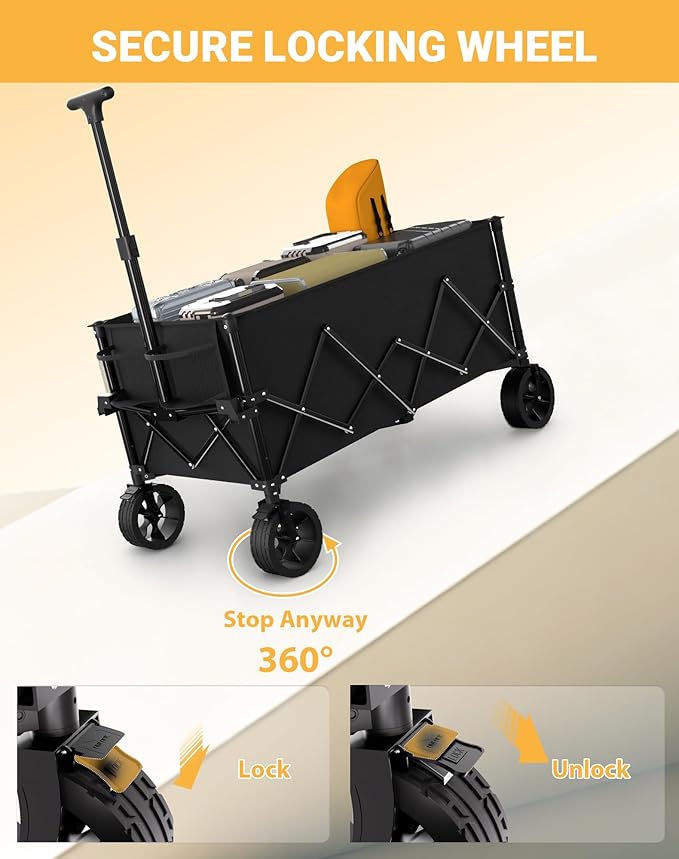 7.8 Cu ft Extra Large Foldable Wagon Cart, 360lbs Capacity, All-Terrain Beach Wagon with Big Wheels for Sand, Compact Fold Easy Storage, 220L Collapsible Utility Cart for Grocery Sports Garden Camping