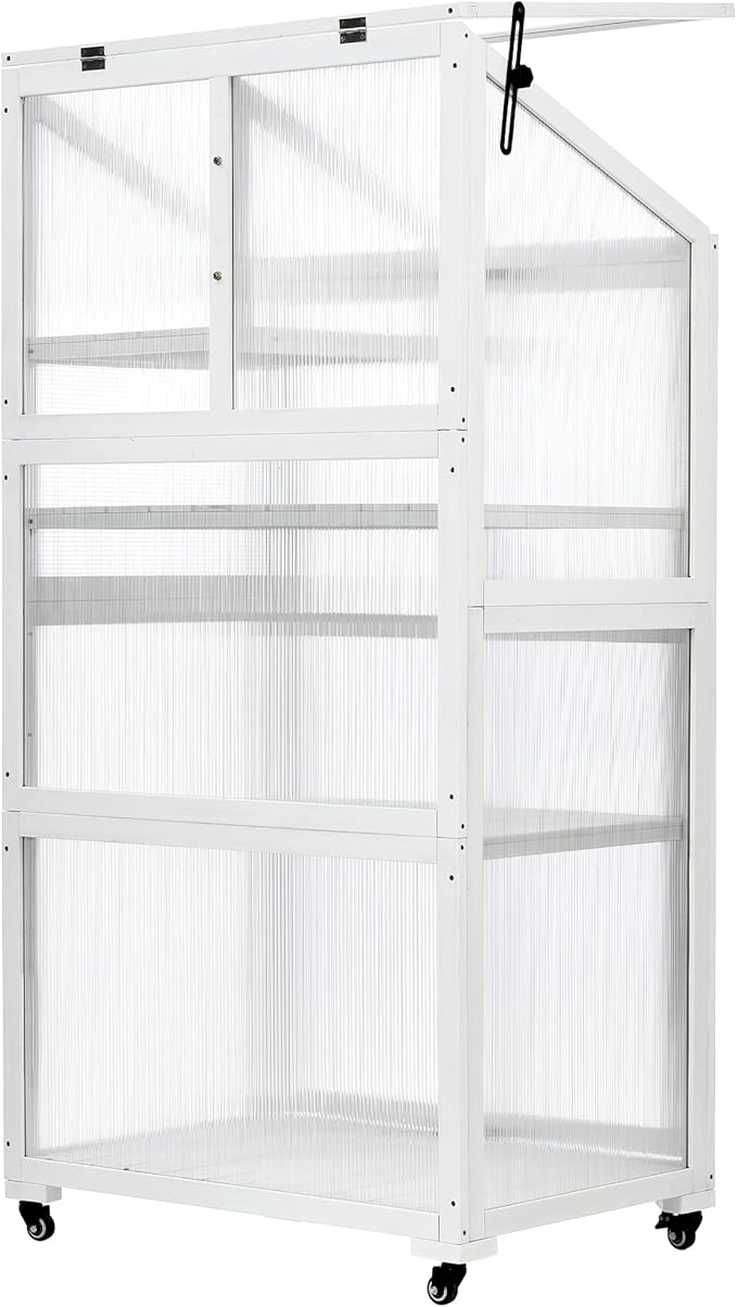 62'' H Wood Greenhouse for Outdoors, Portable Cold Frame Greenhouses with Wheels & Adjustable Shelves for Indoor, Garden, Patio Balcony,Easy Assembly,White