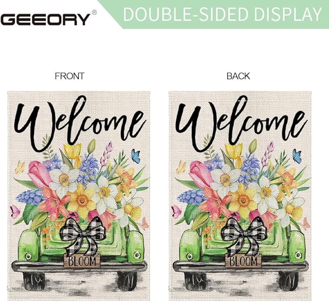 GEEORY Butterfly & Daffodil Hyacinths Floral Truck Welcome Garden Flag 12x18 Inch, Double Sided Spring Summer Decor, Farmhouse Rustic Outdoor Flag Outside Yard Lawn Decoration