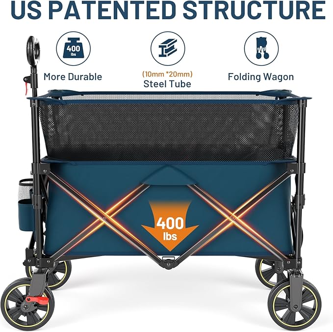 Timber Ridge 350L Extra Large Collapsible Folding Wagon Carts with Brake, Heavy Duty Outdoor Camping Utility Wagons with Extended Height, Adjustable Handle, Cup Holders, Side Bag(Blue)