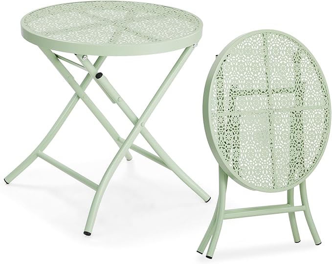 VINGLI Outdoor Folding Side Table with Chic Hollow Pattern and Durable, Rust-Resistant Coated Iron Patio Bistro Table Suitable for Indoor & Outdoor Porch, Deck, Balcony and Pool,Green
