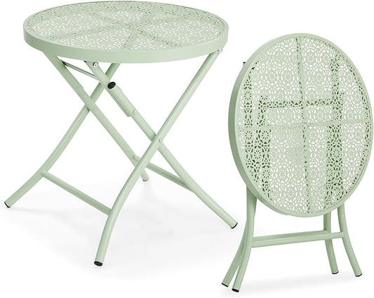 VINGLI Outdoor Folding Side Table with Chic Hollow Pattern and Durable, Rust-Resistant Coated Iron Patio Bistro Table Suitable for Indoor & Outdoor Porch, Deck, Balcony and Pool,Green