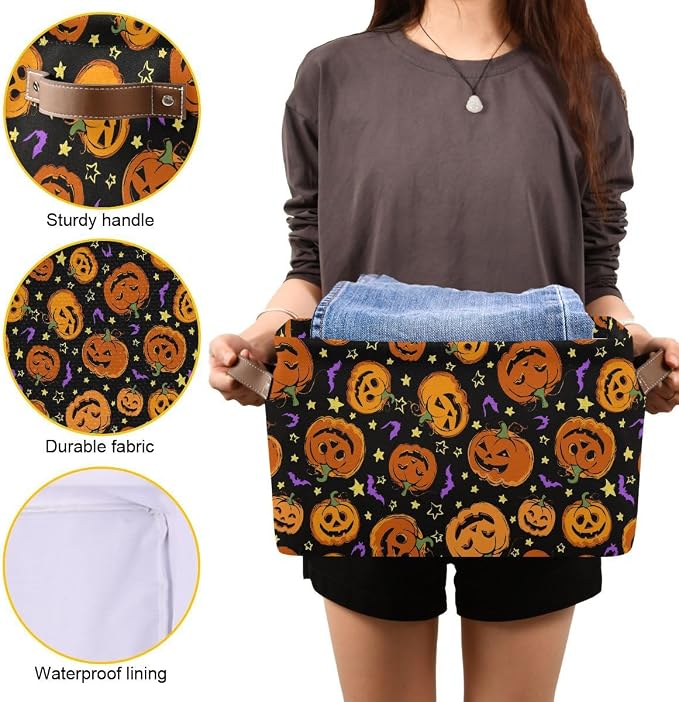 Halloween Pumpkin Spooky Storage Basket Fabric Kitchen Baskets Purple Bat Black Open Home Storage Bins Boxes Foldable Organizer Bag for Baby Cloth Book Shelf Closet Baskets 2 Pack 16×12×8 Inches