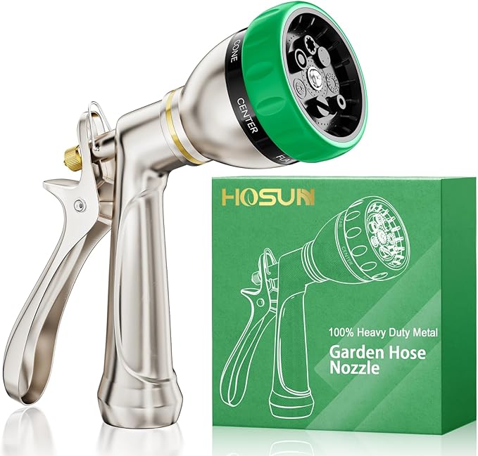 HOSUN 100% Metal Heavy Duty Garden Hose Nozzle Sprayer | 7 Spray Patterns, Lockable Rear Trigger, High Pressure for Plant Watering, Lawn Care, Car Washing & Pet Bathing